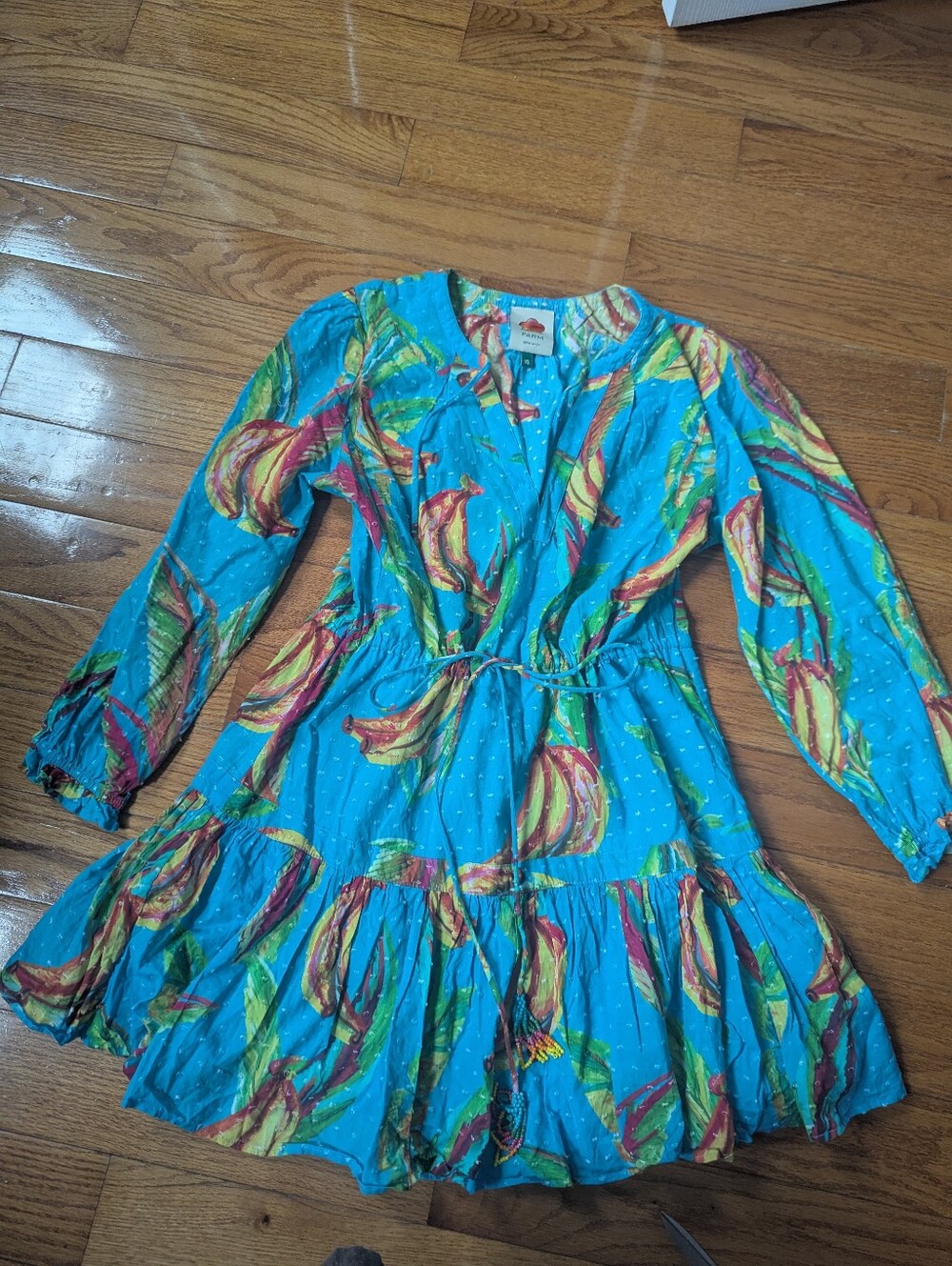 Farm Rio Banana Sky minidress bead tassels Swiss dot ruffle hem drawstring waist